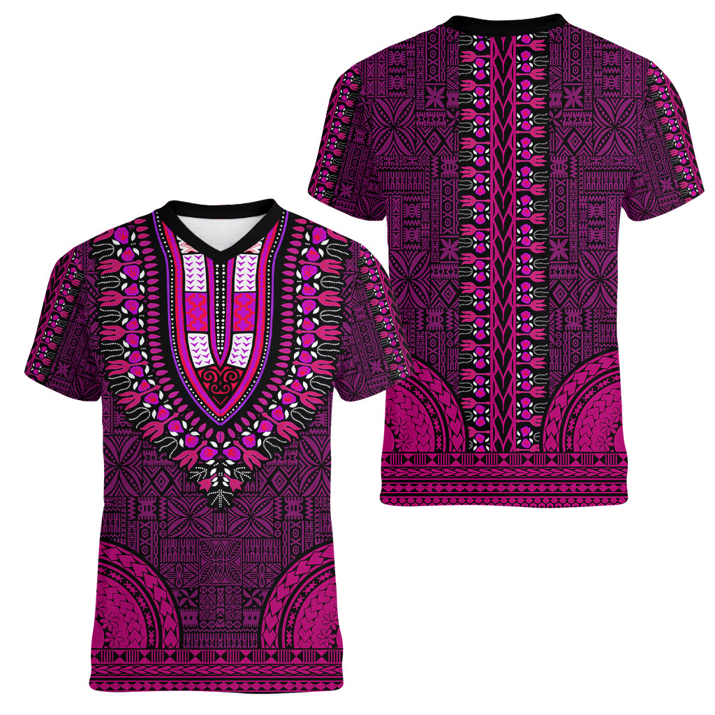 African Dashiki Women V Neck T Shirt With Tapa Pattern - Pink - Wonder Print Shop