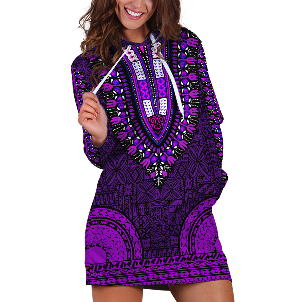 African Dashiki Hoodie Dress With Tapa Pattern - Purple - Wonder Print Shop