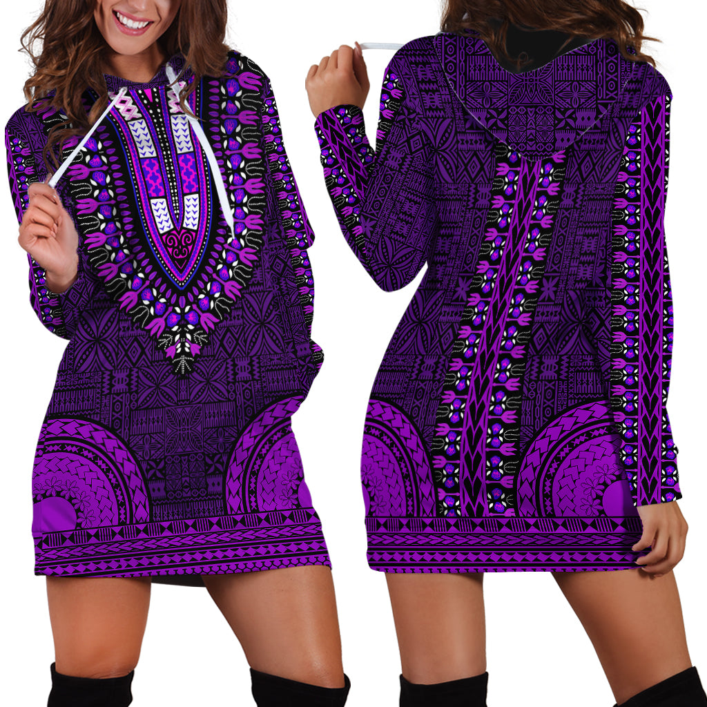African Dashiki Hoodie Dress With Tapa Pattern - Purple - Wonder Print Shop
