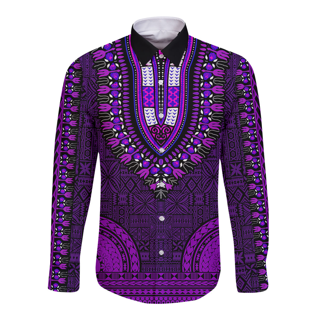African Dashiki Long Sleeve Button Shirt With Tapa Pattern - Purple - Wonder Print Shop