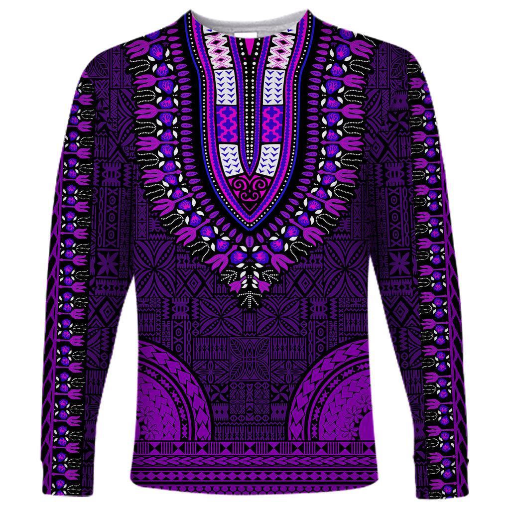 African Dashiki Long Sleeve Shirt With Tapa Pattern - Purple - Wonder Print Shop