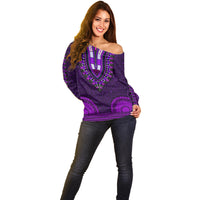African Dashiki Off Shoulder Sweater With Tapa Pattern - Purple - Wonder Print Shop