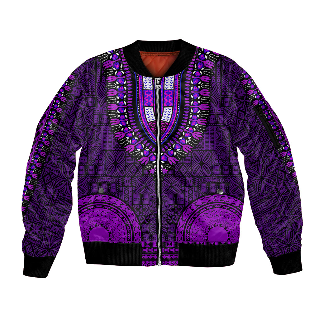 African Dashiki Sleeve Zip Bomber Jacket With Tapa Pattern - Purple - Wonder Print Shop