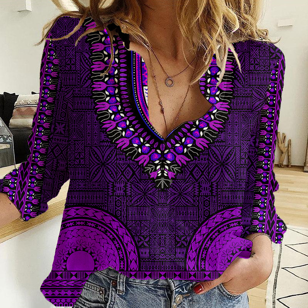 African Dashiki Women Casual Shirt With Tapa Pattern - Purple - Wonder Print Shop