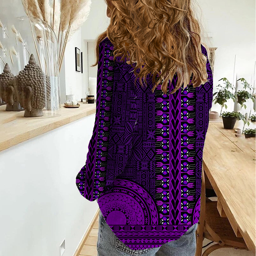 African Dashiki Women Casual Shirt With Tapa Pattern - Purple - Wonder Print Shop