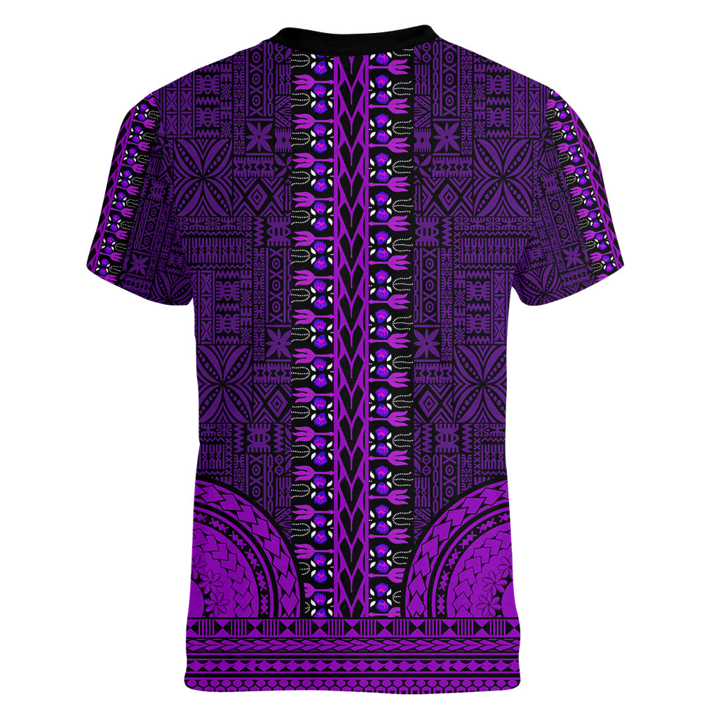 African Dashiki Women V Neck T Shirt With Tapa Pattern - Purple - Wonder Print Shop
