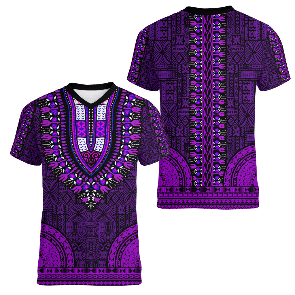 African Dashiki Women V Neck T Shirt With Tapa Pattern - Purple - Wonder Print Shop