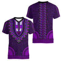 African Dashiki Women V Neck T Shirt With Tapa Pattern - Purple - Wonder Print Shop