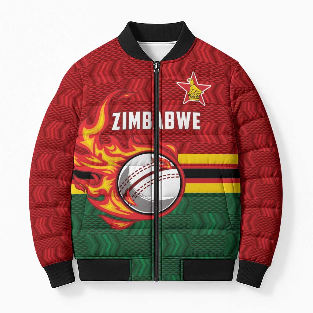 Zimbabwe Cricket Custom Bomber Puffer Jacket The Chevrons Cricket Ball Fire - Wonder Print Shop