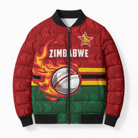 Zimbabwe Cricket Custom Bomber Puffer Jacket The Chevrons Cricket Ball Fire - Wonder Print Shop