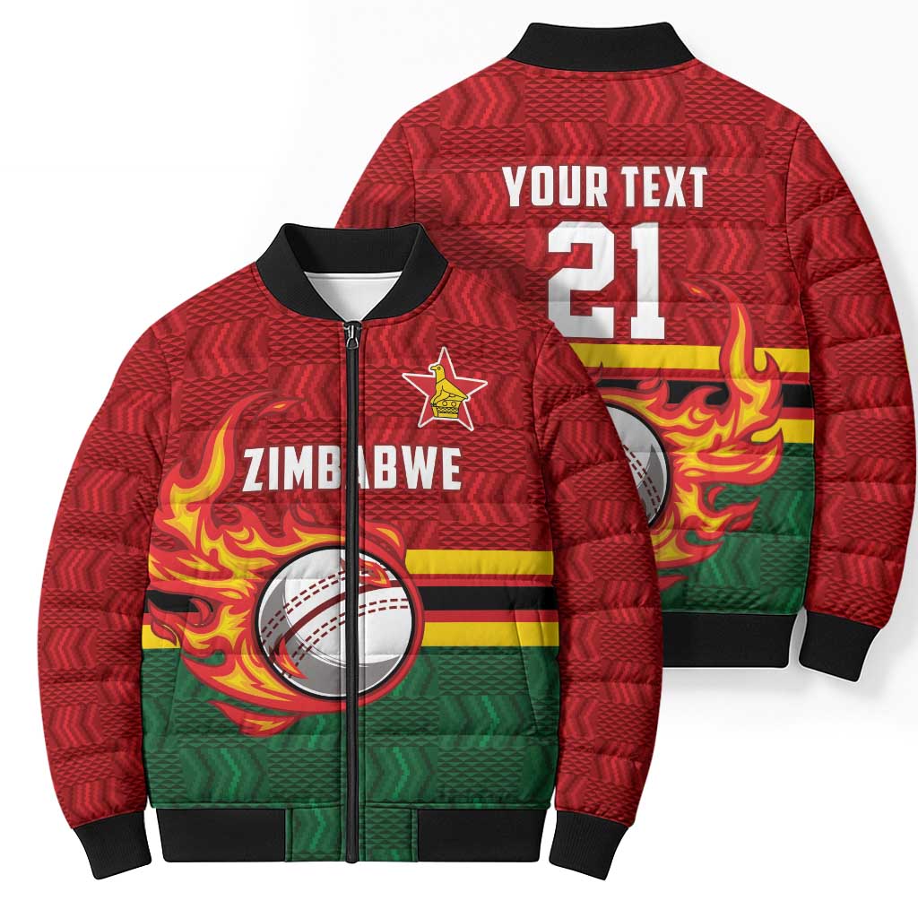 Zimbabwe Cricket Custom Bomber Puffer Jacket The Chevrons Cricket Ball Fire - Wonder Print Shop