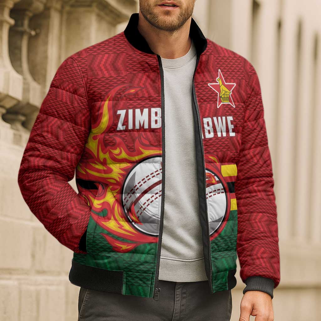 Zimbabwe Cricket Custom Bomber Puffer Jacket The Chevrons Cricket Ball Fire - Wonder Print Shop