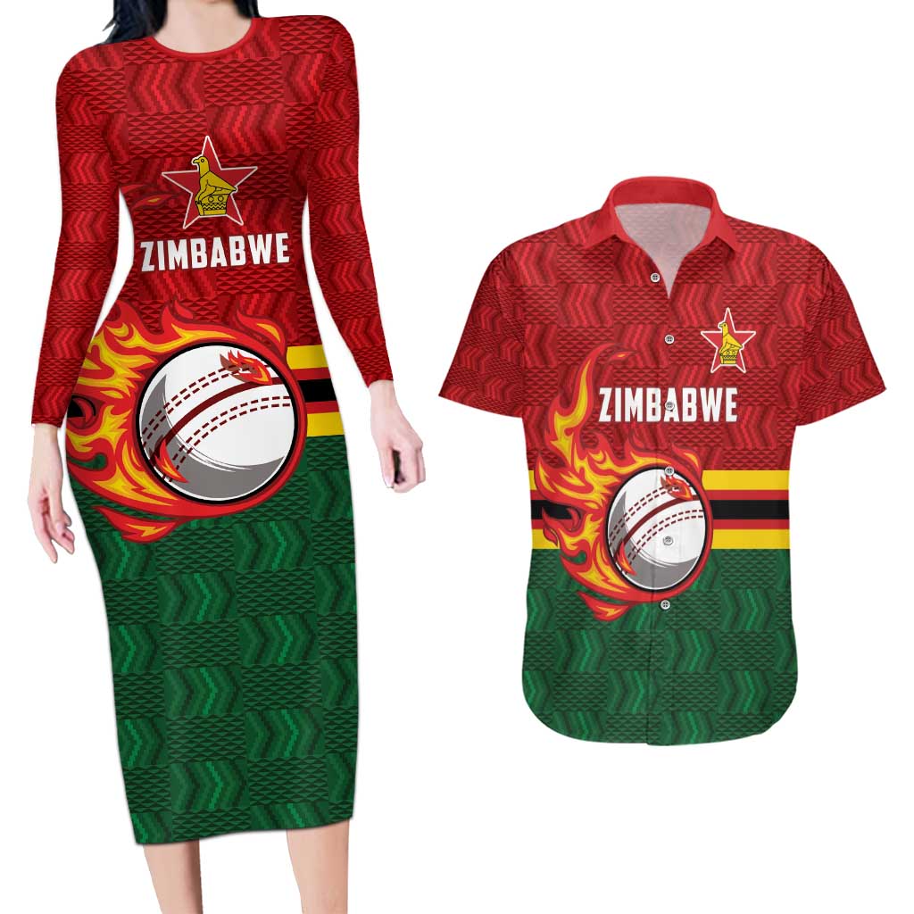 Zimbabwe Cricket Custom Couples Matching Long Sleeve Bodycon Dress and Hawaiian Shirt The Chevrons Cricket Ball Fire - Wonder Print Shop