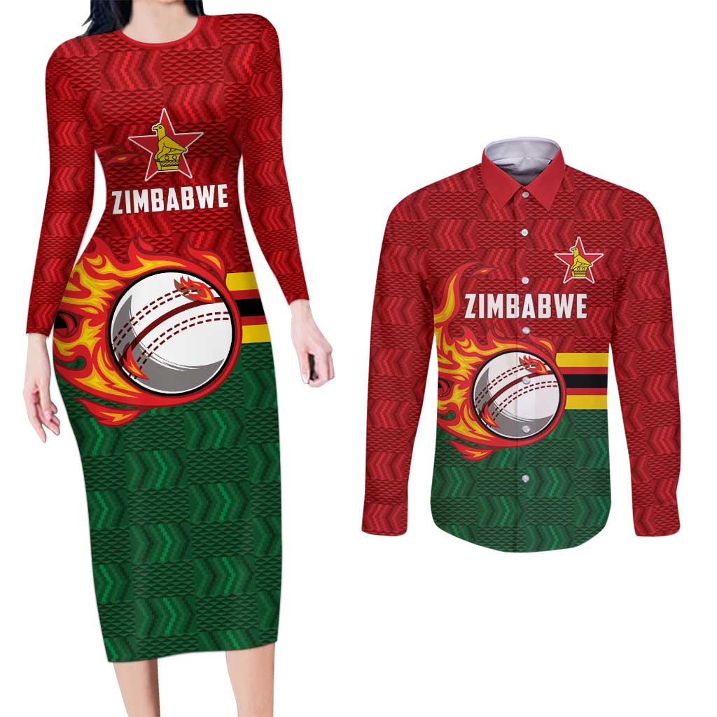 Zimbabwe Cricket Custom Couples Matching Long Sleeve Bodycon Dress and Long Sleeve Button Shirt The Chevrons Cricket Ball Fire - Wonder Print Shop