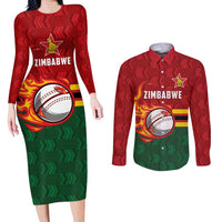 Zimbabwe Cricket Custom Couples Matching Long Sleeve Bodycon Dress and Long Sleeve Button Shirt The Chevrons Cricket Ball Fire - Wonder Print Shop