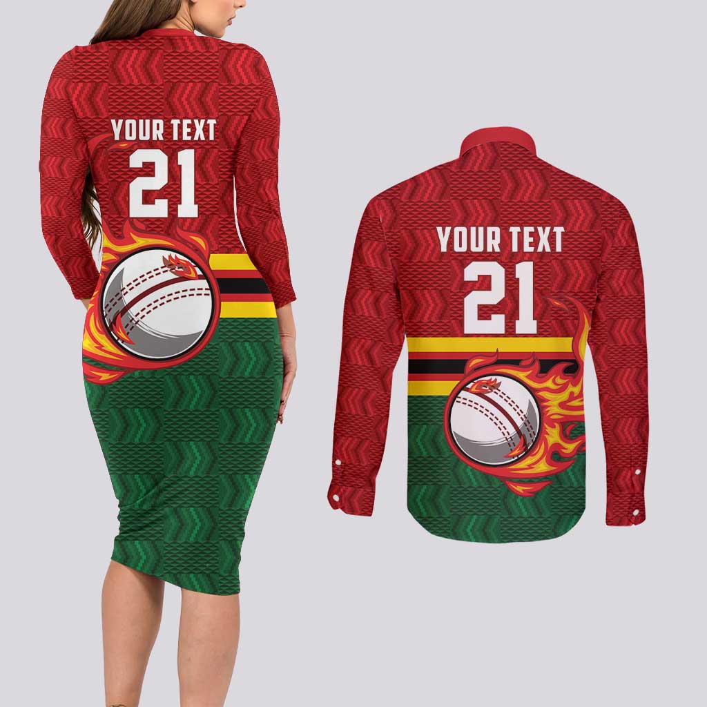 Zimbabwe Cricket Custom Couples Matching Long Sleeve Bodycon Dress and Long Sleeve Button Shirt The Chevrons Cricket Ball Fire - Wonder Print Shop
