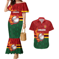Zimbabwe Cricket Custom Couples Matching Mermaid Dress and Hawaiian Shirt The Chevrons Cricket Ball Fire - Wonder Print Shop
