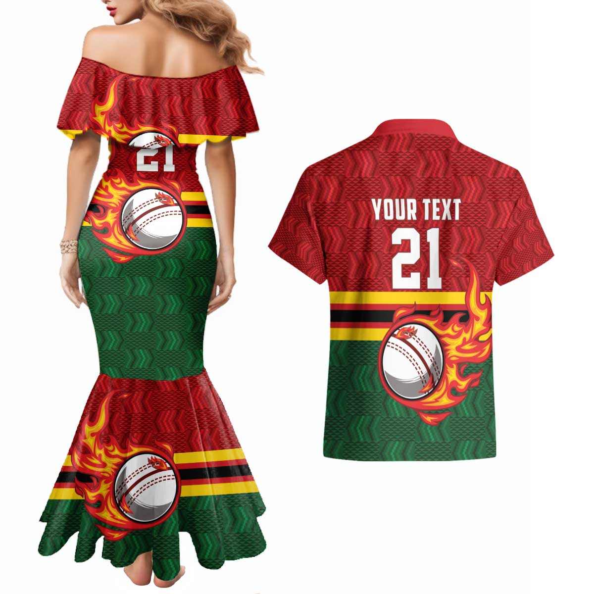 Zimbabwe Cricket Custom Couples Matching Mermaid Dress and Hawaiian Shirt The Chevrons Cricket Ball Fire - Wonder Print Shop