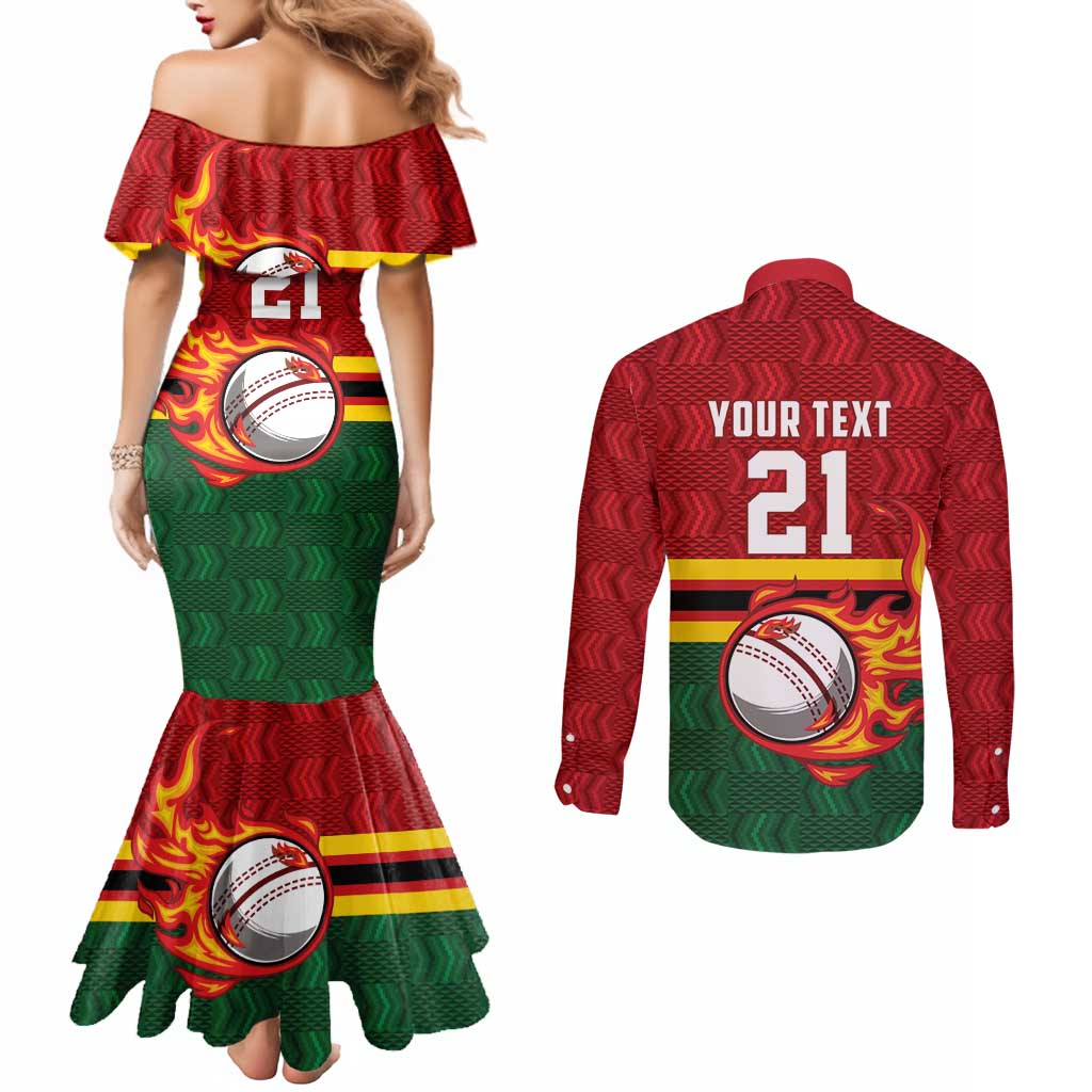 Zimbabwe Cricket Custom Couples Matching Mermaid Dress and Long Sleeve Button Shirt The Chevrons Cricket Ball Fire - Wonder Print Shop