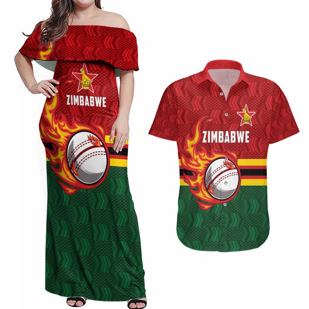 Zimbabwe Cricket Custom Couples Matching Off Shoulder Maxi Dress and Hawaiian Shirt The Chevrons Cricket Ball Fire - Wonder Print Shop