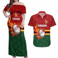 Zimbabwe Cricket Custom Couples Matching Off Shoulder Maxi Dress and Hawaiian Shirt The Chevrons Cricket Ball Fire - Wonder Print Shop