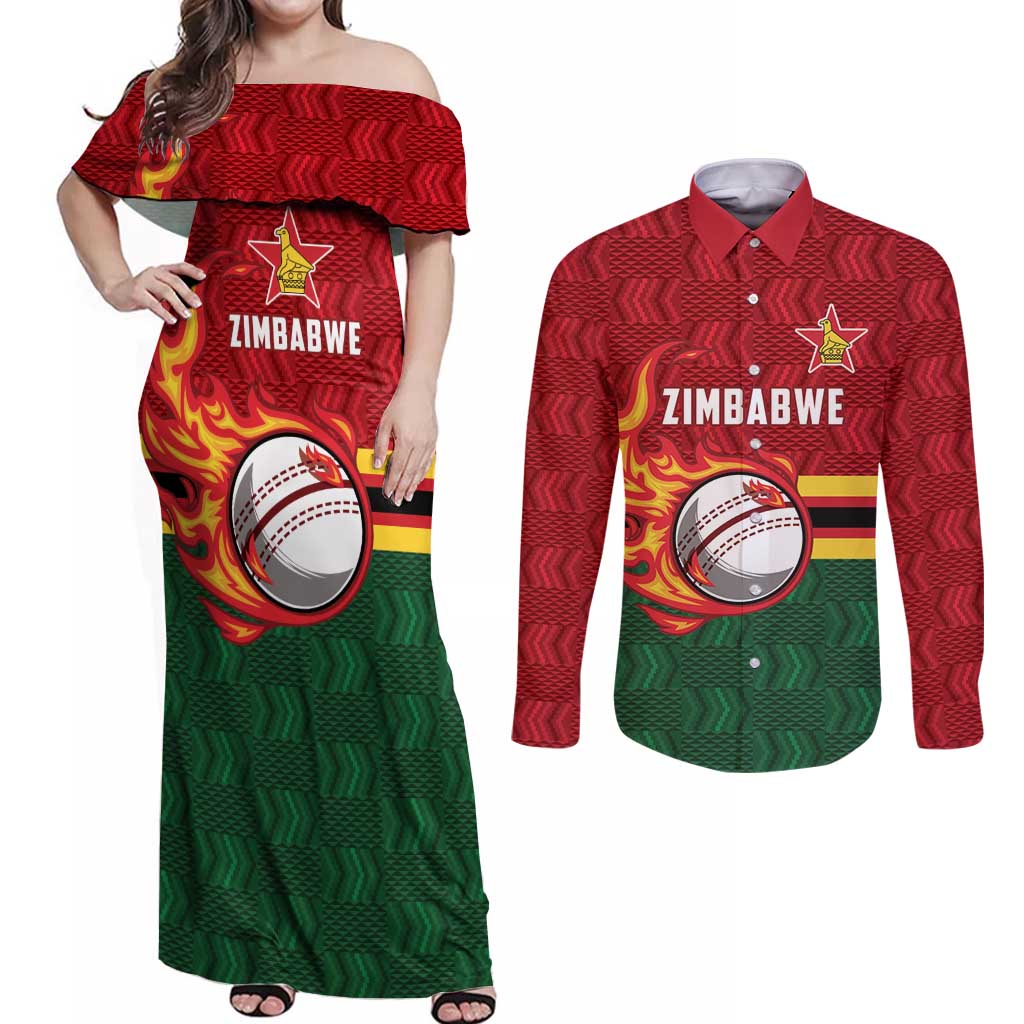 Zimbabwe Cricket Custom Couples Matching Off Shoulder Maxi Dress and Long Sleeve Button Shirt The Chevrons Cricket Ball Fire - Wonder Print Shop