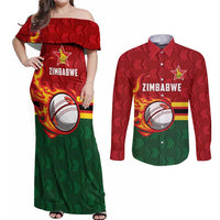Zimbabwe Cricket Custom Couples Matching Off Shoulder Maxi Dress and Long Sleeve Button Shirt The Chevrons Cricket Ball Fire - Wonder Print Shop
