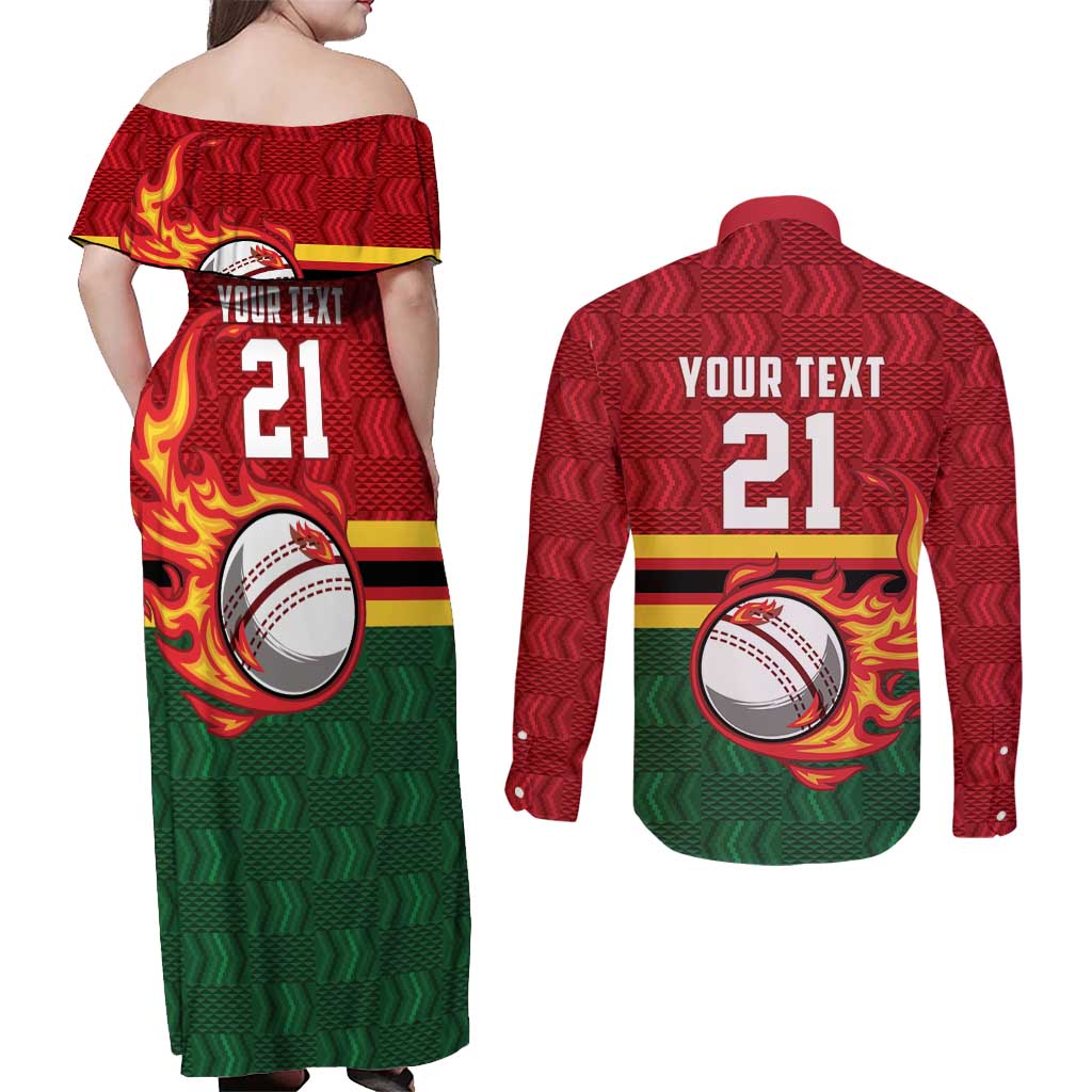 Zimbabwe Cricket Custom Couples Matching Off Shoulder Maxi Dress and Long Sleeve Button Shirt The Chevrons Cricket Ball Fire - Wonder Print Shop