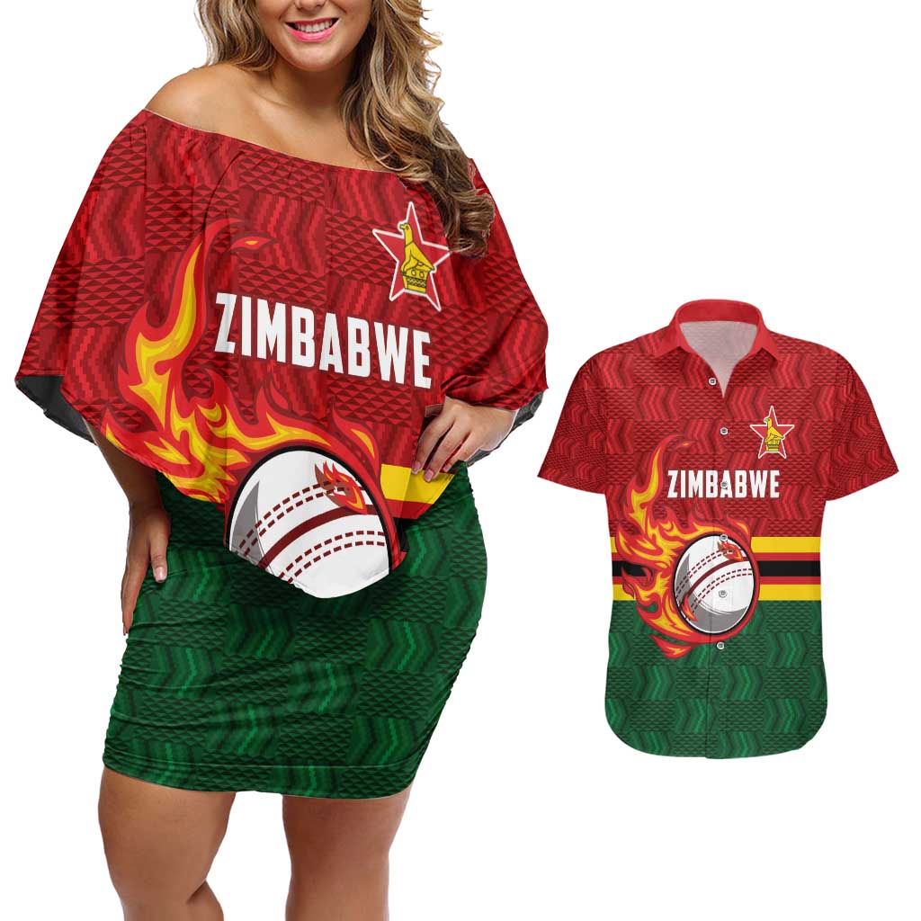 Zimbabwe Cricket Custom Couples Matching Off Shoulder Short Dress and Hawaiian Shirt The Chevrons Cricket Ball Fire - Wonder Print Shop