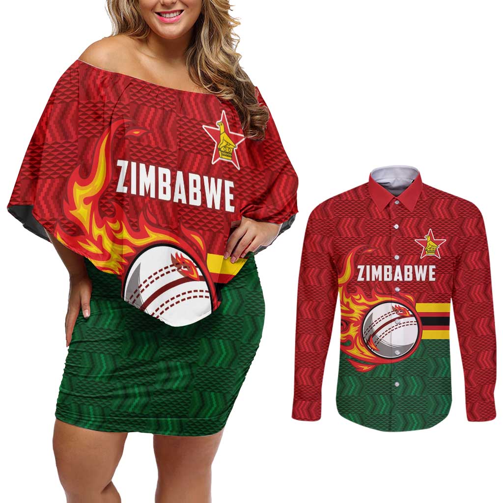 Zimbabwe Cricket Custom Couples Matching Off Shoulder Short Dress and Long Sleeve Button Shirt The Chevrons Cricket Ball Fire - Wonder Print Shop