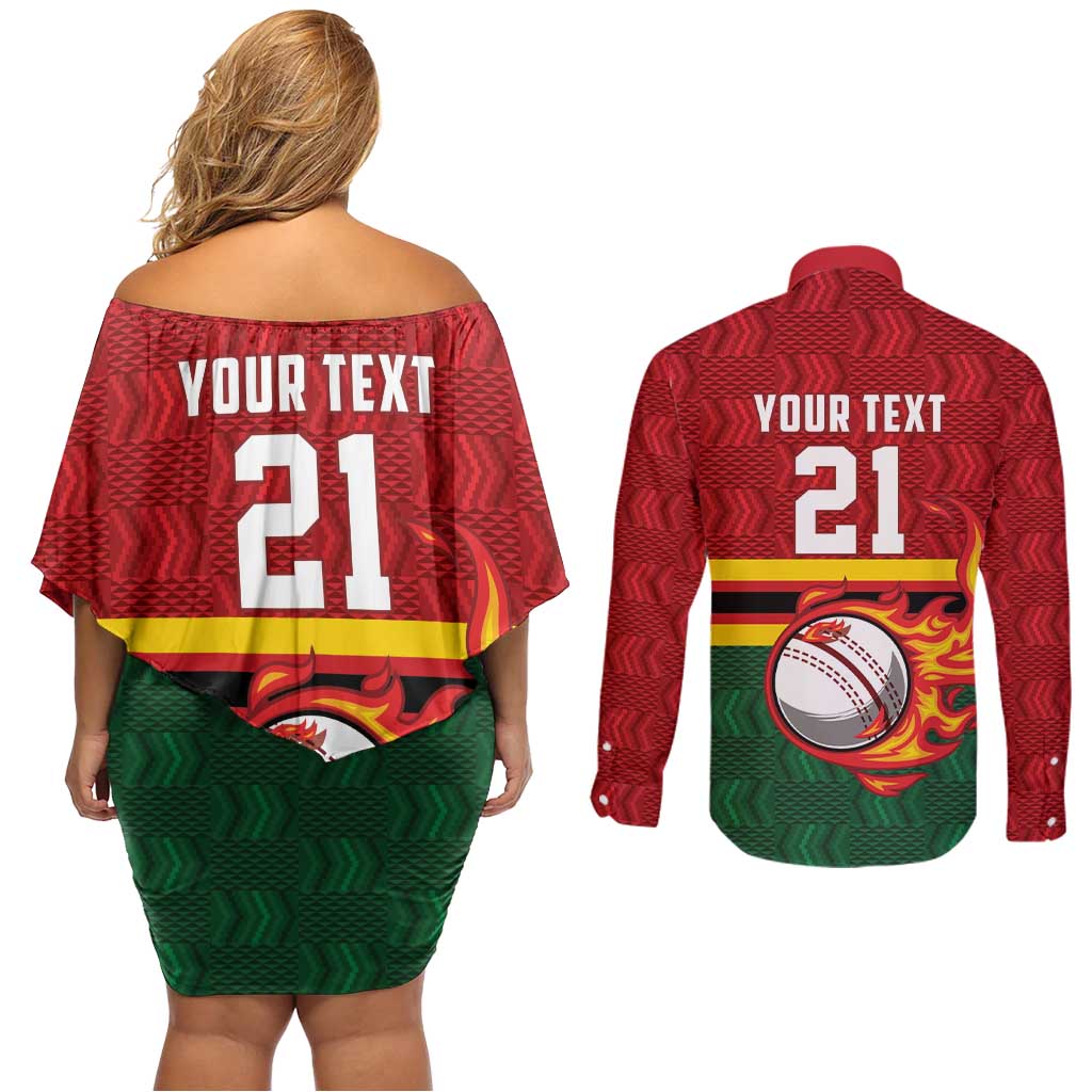 Zimbabwe Cricket Custom Couples Matching Off Shoulder Short Dress and Long Sleeve Button Shirt The Chevrons Cricket Ball Fire - Wonder Print Shop