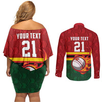 Zimbabwe Cricket Custom Couples Matching Off Shoulder Short Dress and Long Sleeve Button Shirt The Chevrons Cricket Ball Fire - Wonder Print Shop