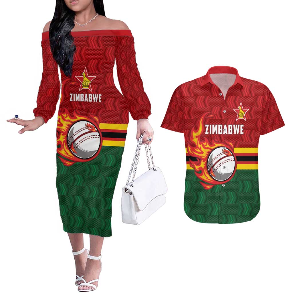 Zimbabwe Cricket Custom Couples Matching Off The Shoulder Long Sleeve Dress and Hawaiian Shirt The Chevrons Cricket Ball Fire - Wonder Print Shop