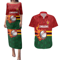 Zimbabwe Cricket Custom Couples Matching Puletasi and Hawaiian Shirt The Chevrons Cricket Ball Fire - Wonder Print Shop