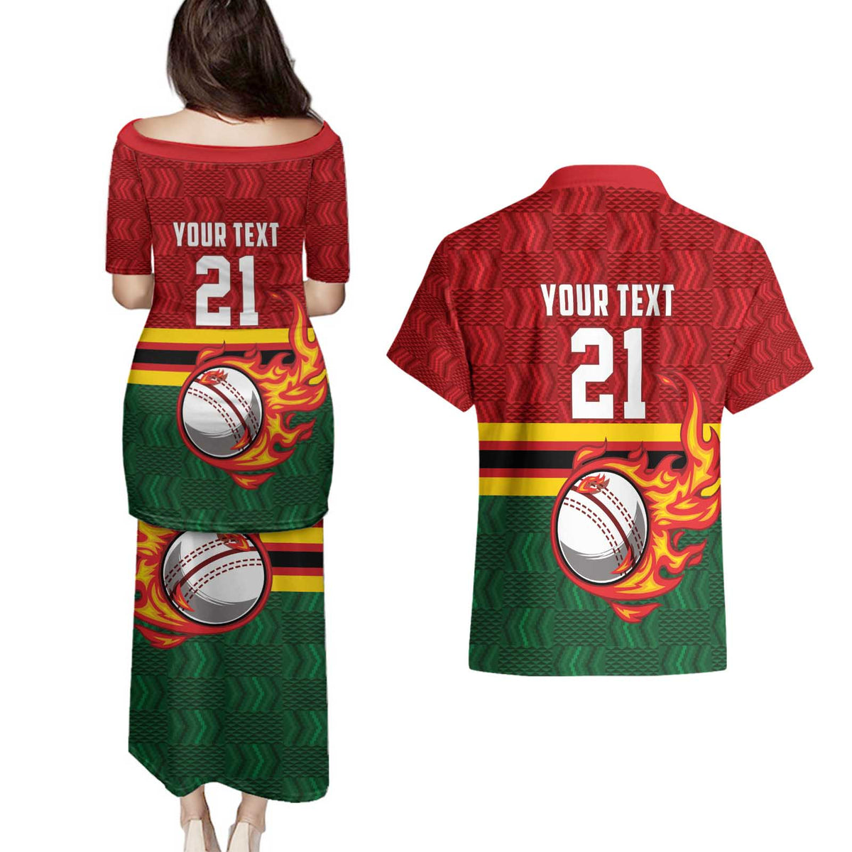 Zimbabwe Cricket Custom Couples Matching Puletasi and Hawaiian Shirt The Chevrons Cricket Ball Fire - Wonder Print Shop