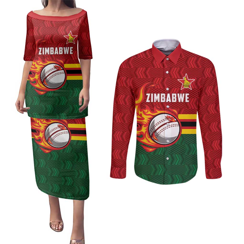 Zimbabwe Cricket Custom Couples Matching Puletasi and Long Sleeve Button Shirt The Chevrons Cricket Ball Fire - Wonder Print Shop