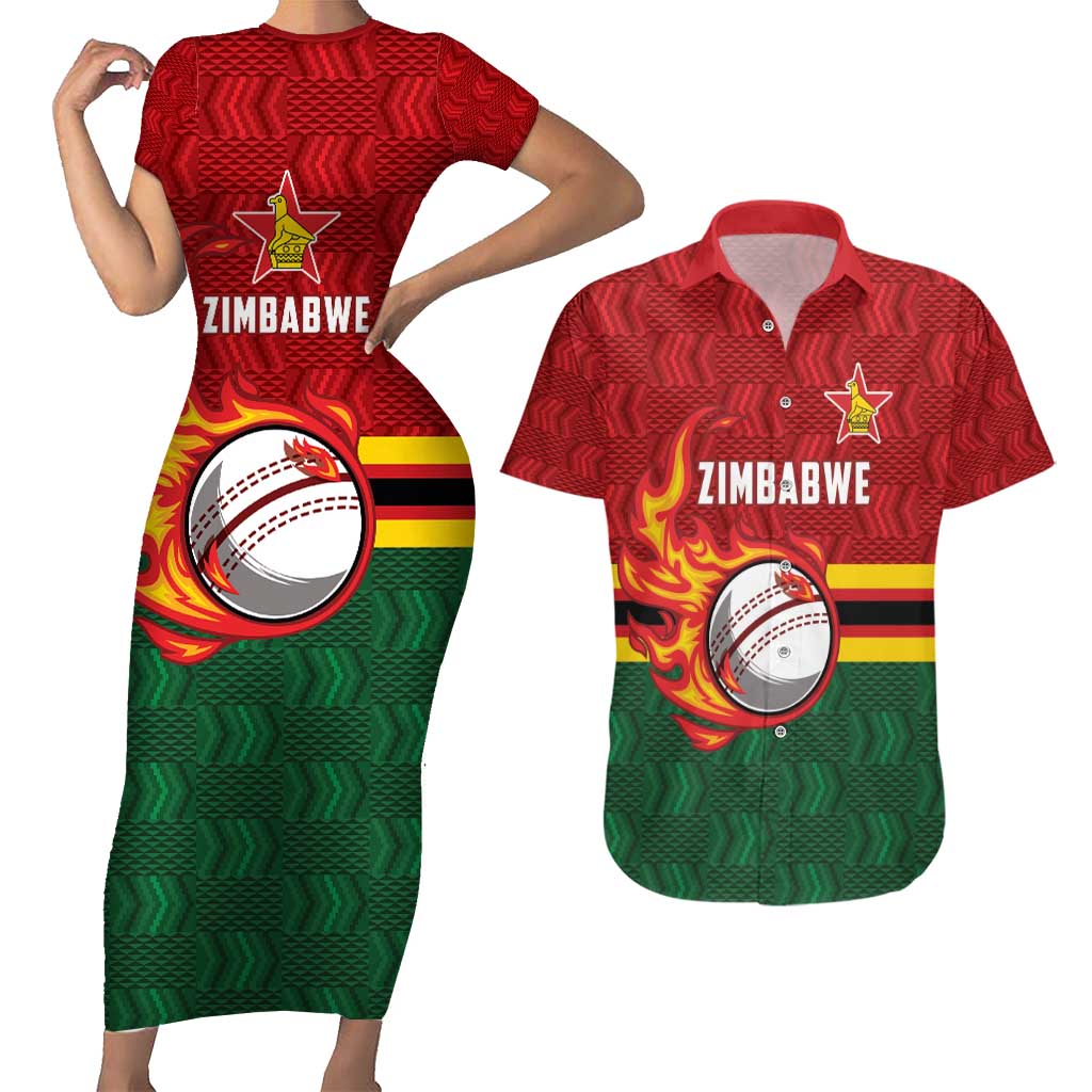 Zimbabwe Cricket Custom Couples Matching Short Sleeve Bodycon Dress and Hawaiian Shirt The Chevrons Cricket Ball Fire - Wonder Print Shop