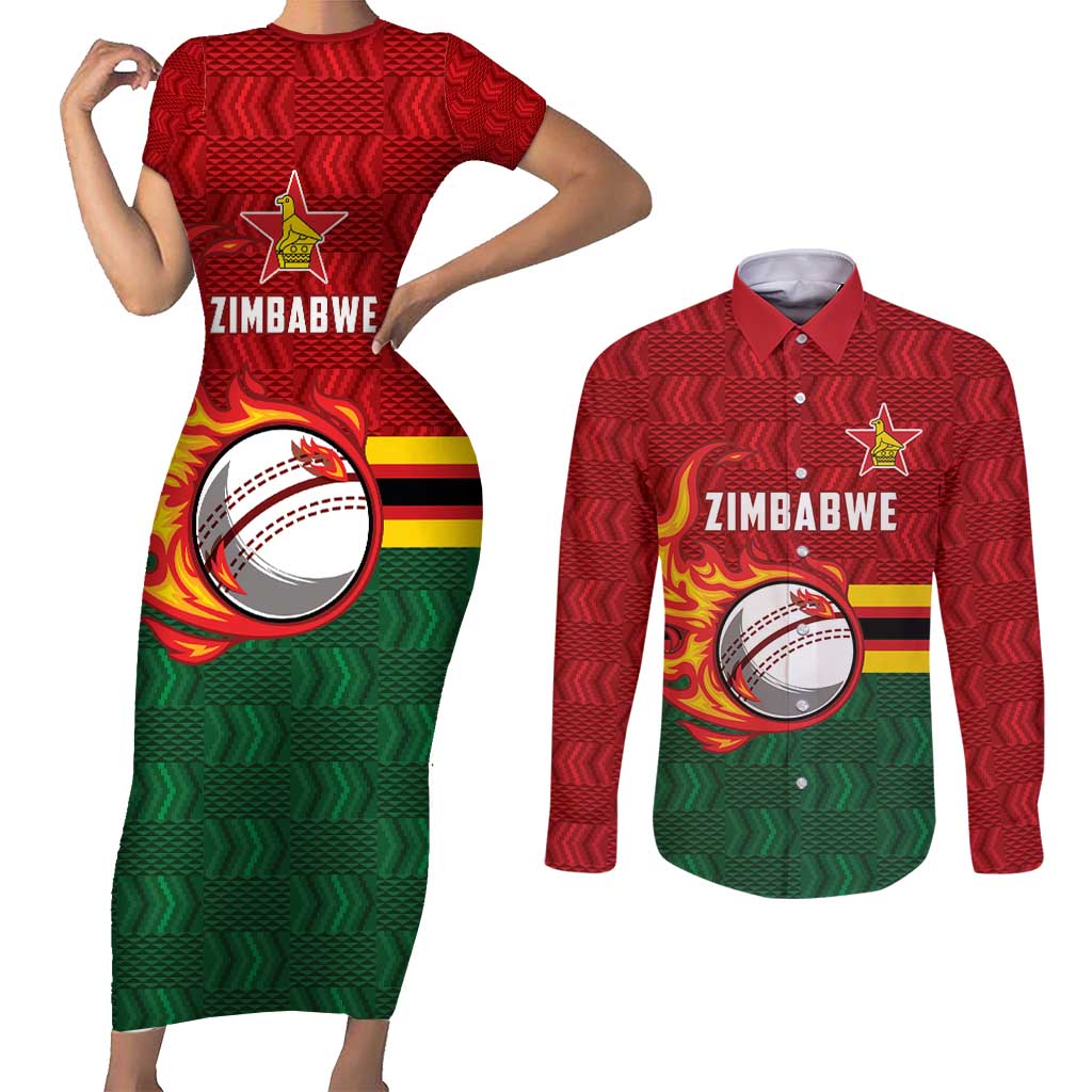 Zimbabwe Cricket Custom Couples Matching Short Sleeve Bodycon Dress and Long Sleeve Button Shirt The Chevrons Cricket Ball Fire - Wonder Print Shop