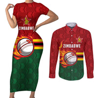 Zimbabwe Cricket Custom Couples Matching Short Sleeve Bodycon Dress and Long Sleeve Button Shirt The Chevrons Cricket Ball Fire - Wonder Print Shop