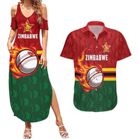 Zimbabwe Cricket Custom Couples Matching Summer Maxi Dress and Hawaiian Shirt The Chevrons Cricket Ball Fire - Wonder Print Shop