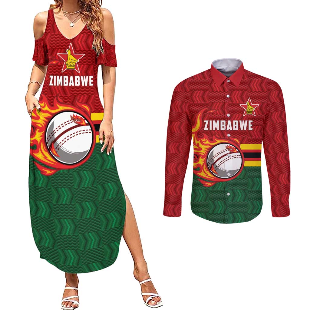 Zimbabwe Cricket Custom Couples Matching Summer Maxi Dress and Long Sleeve Button Shirt The Chevrons Cricket Ball Fire - Wonder Print Shop