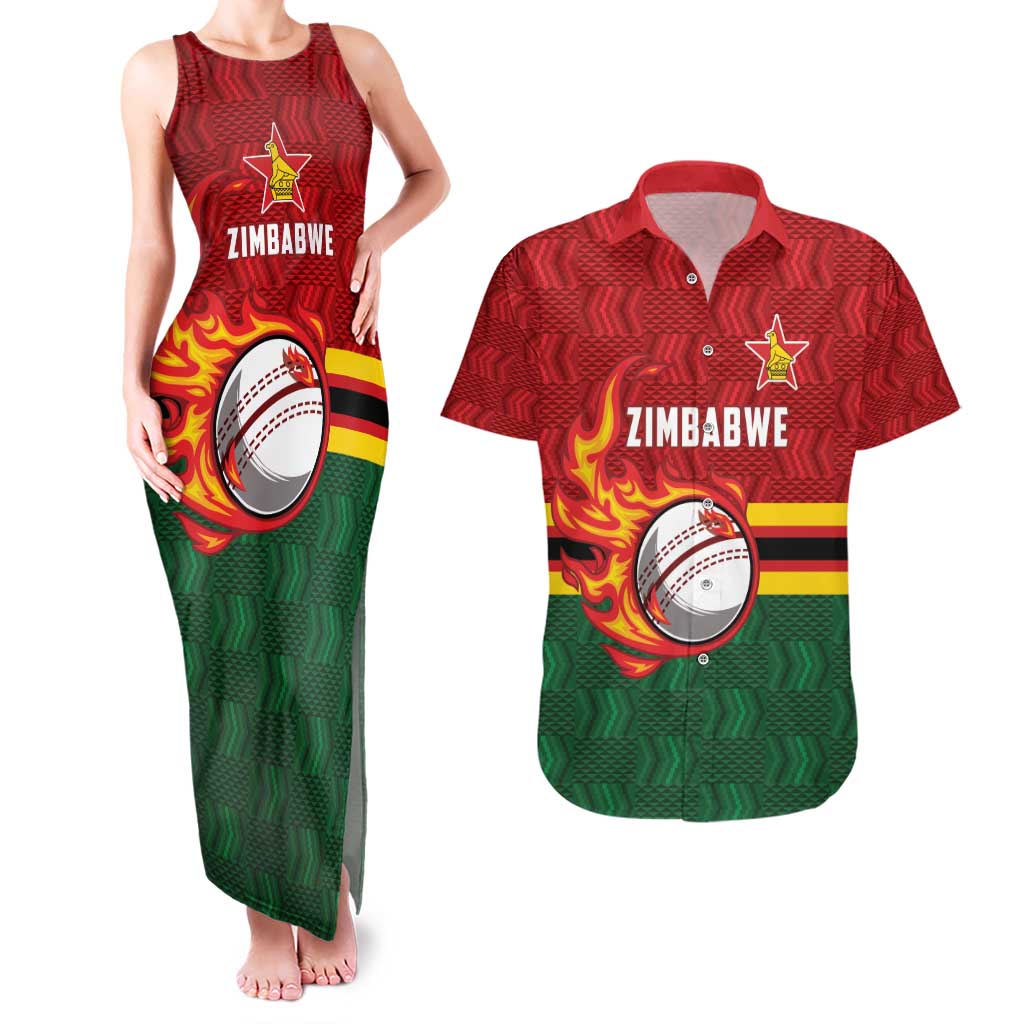 Zimbabwe Cricket Custom Couples Matching Tank Maxi Dress and Hawaiian Shirt The Chevrons Cricket Ball Fire - Wonder Print Shop