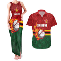 Zimbabwe Cricket Custom Couples Matching Tank Maxi Dress and Hawaiian Shirt The Chevrons Cricket Ball Fire - Wonder Print Shop
