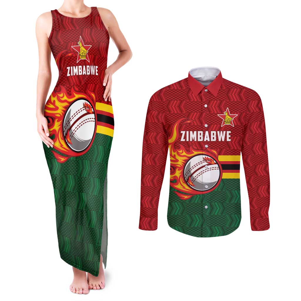Zimbabwe Cricket Custom Couples Matching Tank Maxi Dress and Long Sleeve Button Shirt The Chevrons Cricket Ball Fire - Wonder Print Shop