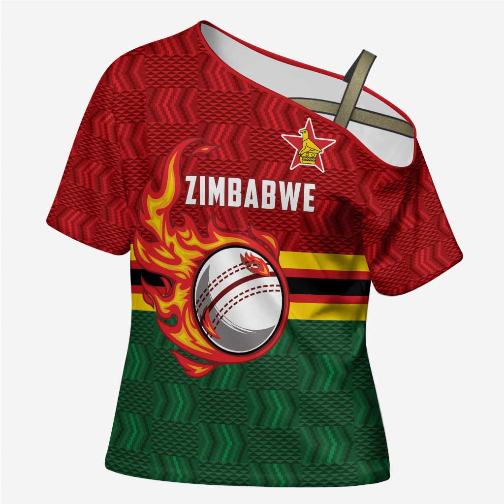 Zimbabwe Cricket Custom Cross Shoulder Shirt The Chevrons Cricket Ball Fire - Wonder Print Shop