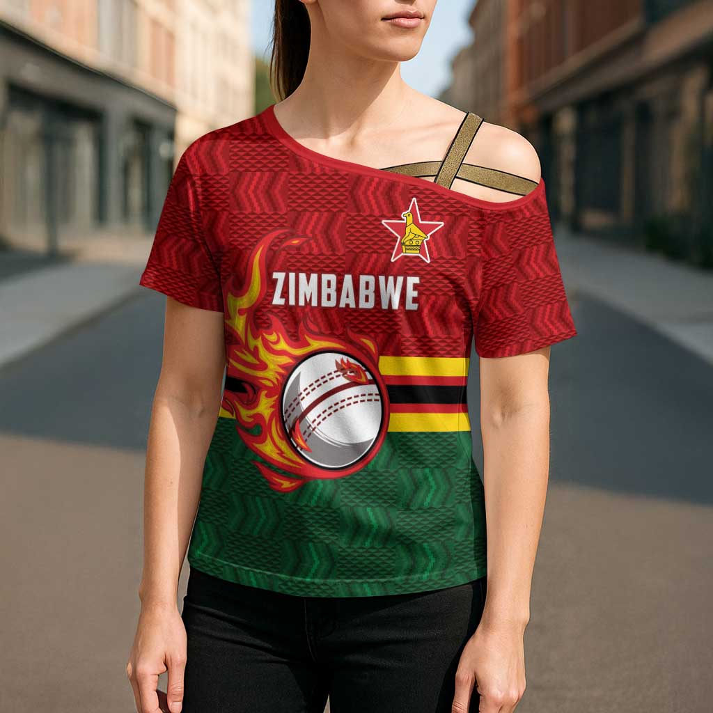 Zimbabwe Cricket Custom Cross Shoulder Shirt The Chevrons Cricket Ball Fire - Wonder Print Shop