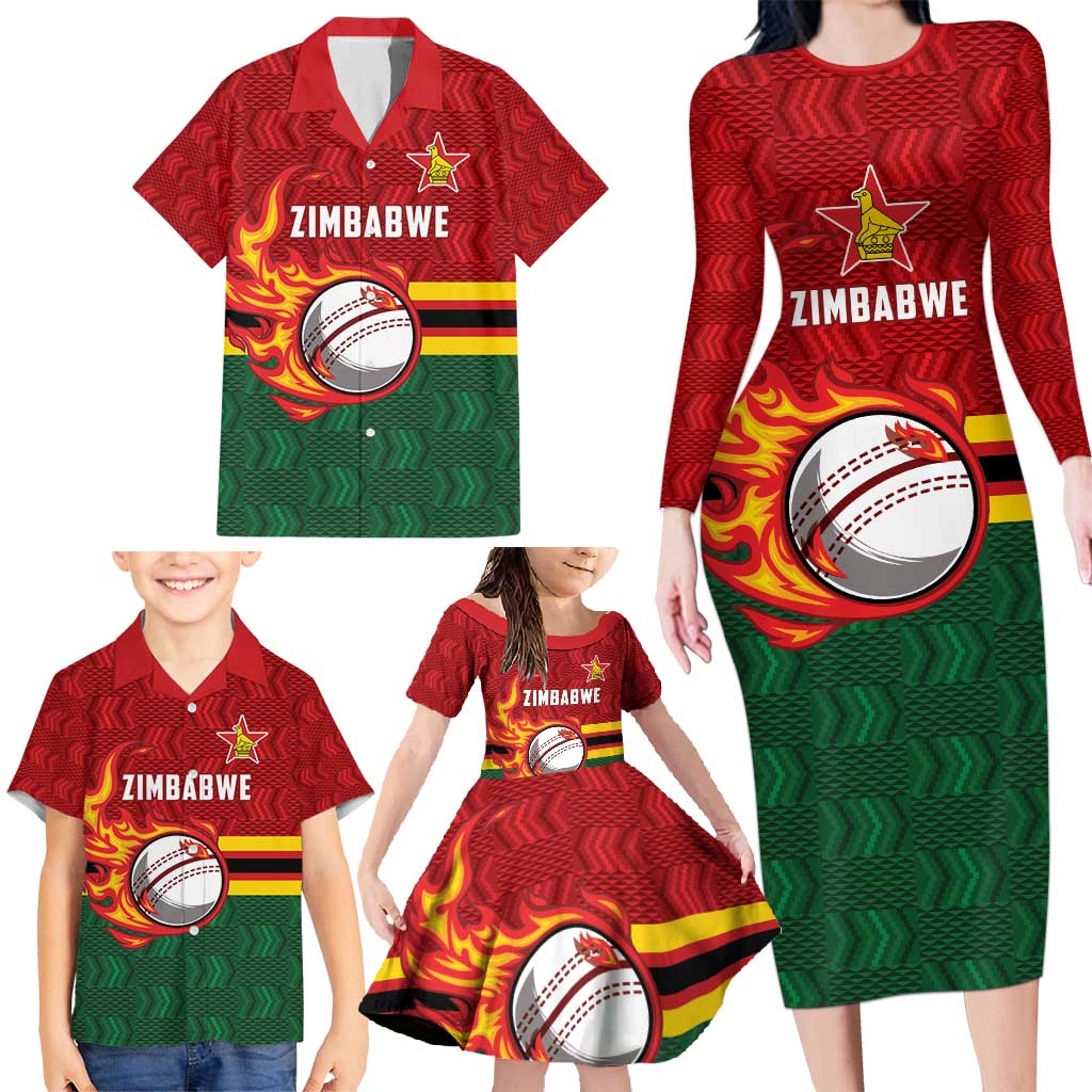 Zimbabwe Cricket Custom Family Matching Long Sleeve Bodycon Dress and Hawaiian Shirt The Chevrons Cricket Ball Fire - Wonder Print Shop