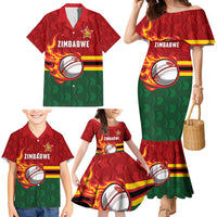 Zimbabwe Cricket Custom Family Matching Mermaid Dress and Hawaiian Shirt The Chevrons Cricket Ball Fire - Wonder Print Shop
