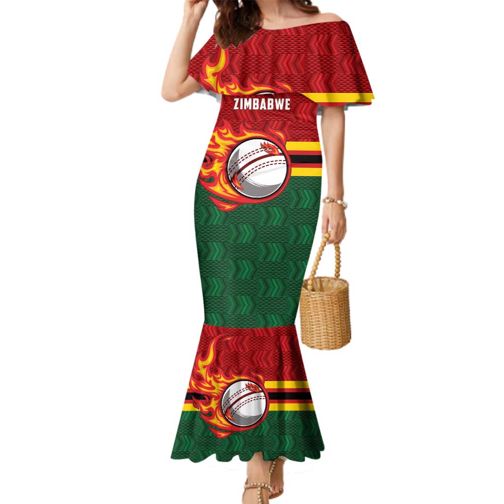 Zimbabwe Cricket Custom Family Matching Mermaid Dress and Hawaiian Shirt The Chevrons Cricket Ball Fire - Wonder Print Shop