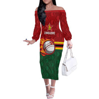 Zimbabwe Cricket Custom Family Matching Off The Shoulder Long Sleeve Dress and Hawaiian Shirt The Chevrons Cricket Ball Fire - Wonder Print Shop